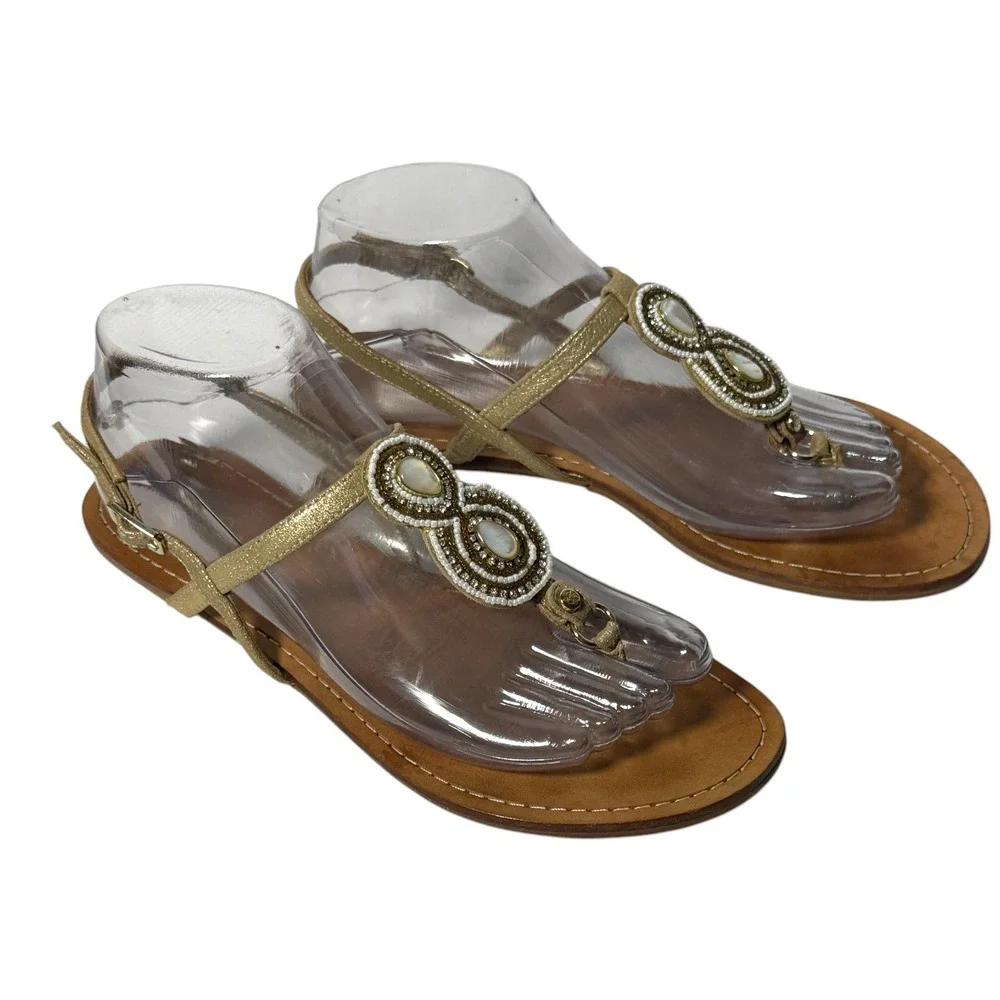 LILLY PULITZER Beaded Gold‎ Leather T-Strap Thong Sandals Size 7.5M